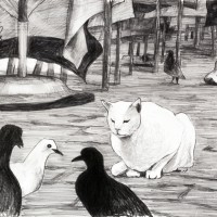 青いテーブルクロスと白い猫